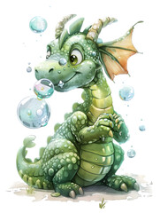 Fototapeta premium A chubby dragon blowing bubbles on a white background.