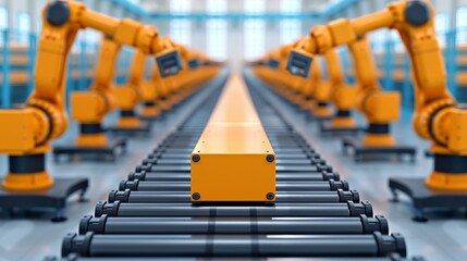 Design an industrial robot assembly line with mechanical precision and futuristic elements, showcasing the efficiency of automated manufacturing processes. Illustration, Image, , Minimalism,