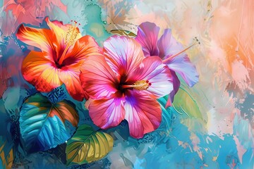 Vibrant digital painting of colorful hibiscus flowers with a textured background, showcasing artistic florals and vivid hues.