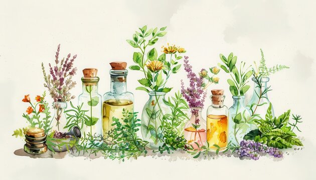 Watercolor illustration of various medicinal herbs and essential oils in glass bottles with cork stoppers, perfect for holistic themes.