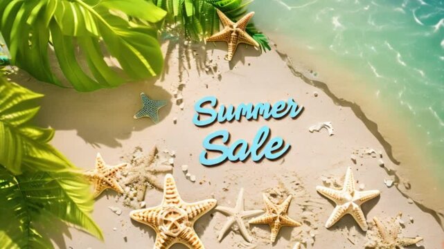 A vibrant beach scene with tropical palm leaves, starfish, and the text 'Summer Sale' written in the sand, capturing the essence of summer and ocean vibes.