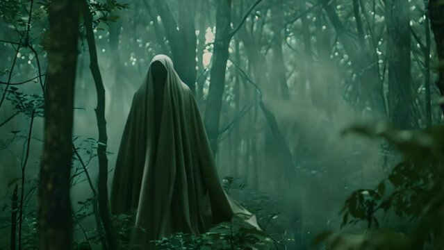 Scary Halloween Ghost, Creepy, haunted. Scary ghost in the dark forest. 