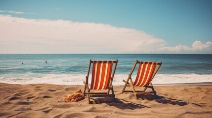 Two deck chairs on the beach overlooking the sea., generative ai