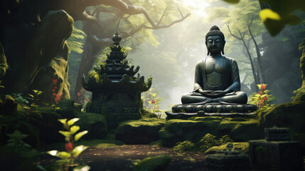 Buddha statue in the forest. 3d render illustration., generative ai
