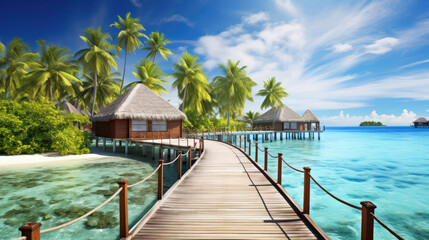 Obraz premium tropical beach with water bungalows and coconut palm trees., generative ai