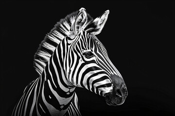 Fototapeta premium Black and white zebra portrait on black background, silhouette of majestic animal, wildlife photography, vector illustration. Black & white zebra on isolated background