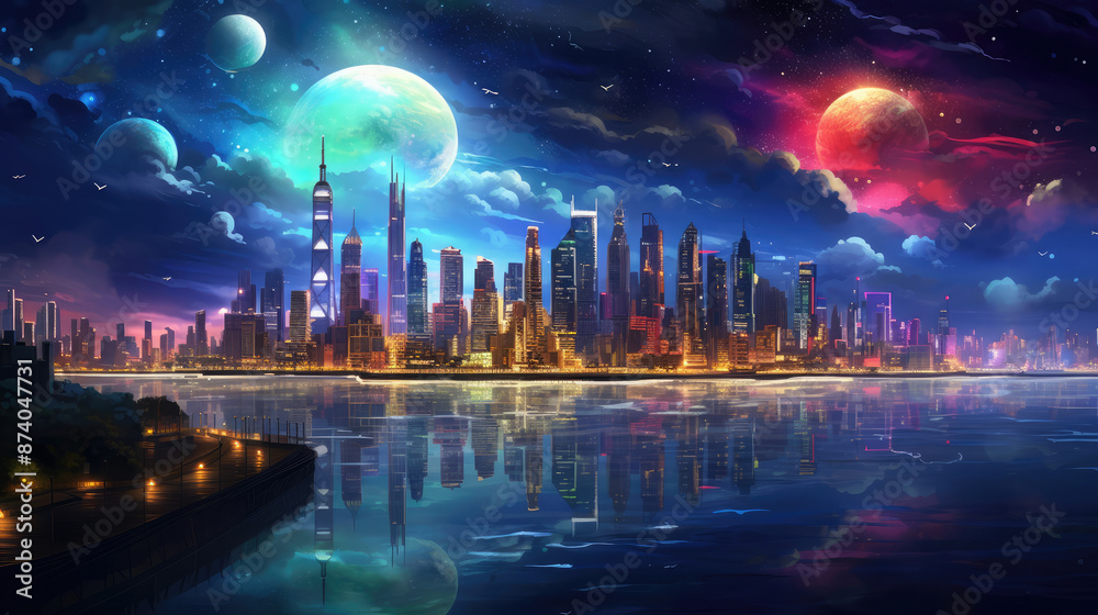 Wall mural vibrant skylines in the future at night., generative ai