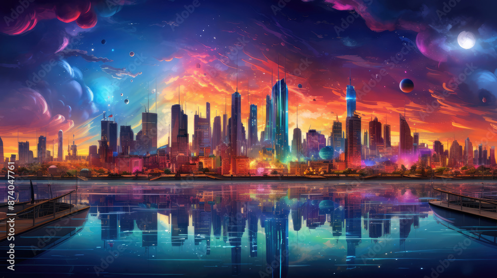 Wall mural vibrant skylines in the future., generative ai