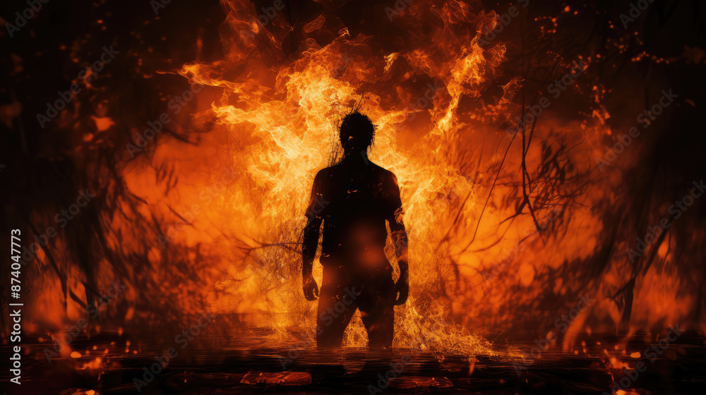 Sticker person in a burning background with a fire breaking out., generative ai