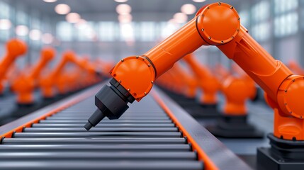 Design an industrial robot assembly line with mechanical precision and futuristic elements, showcasing the efficiency of automated manufacturing processes. Illustration, Image, , Minimalism,