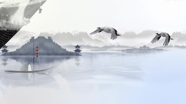 Digital natural daytime ancient traditional Chinese Japanese landscape ink Painting of beautiful calm trees, mountains, flowers, lake, water, birds, blue sky, boat, cherry blossoms season