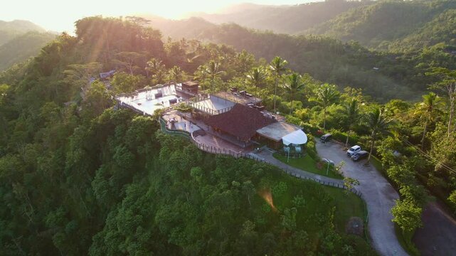 Aerial view of Enam Langit Restaurant with sunray of sunrise