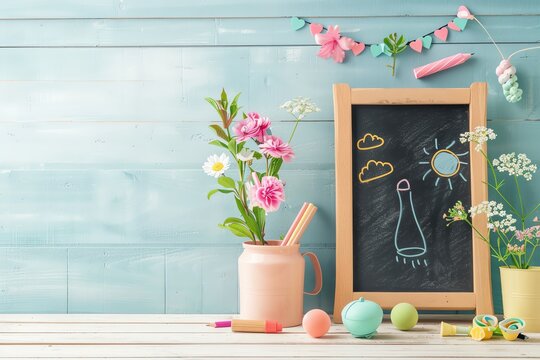 Blackboard with a weather forecast and seasons, geography lesson, practical learning - Powered by Adobe