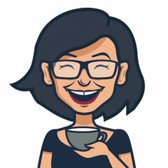 Obraz premium Cheerful cartoon image of an aunt logo with short black hair, glasses, and a cup of tea in hand in a simple line illustration style.