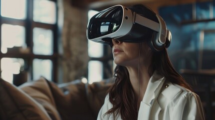 Woman Immersed in Virtual Reality Experience with Headset