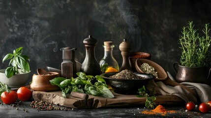 Rustic Spices and Herbs in Kitchen Setting