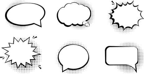 Naklejka premium Collection of empty comic speech bubbles with halftone shadows. Hand drawn retro cartoon stickers. Pop art style. Vector illustration.