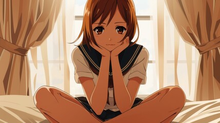 Illustration of a demure high school girl in Japanese anime style sitting on a bed in her school uniform.