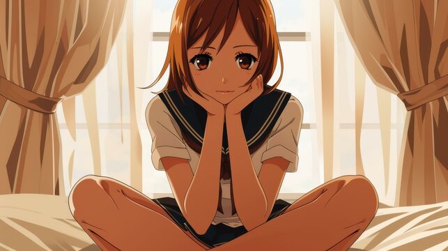 Illustration of a demure high school girl in Japanese anime style sitting on a bed in her school uniform.