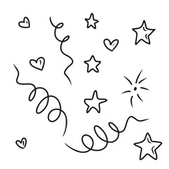 Collection of cute funny doodles in shape of stars, hearts, spirals in black isolated on white background. Hand drawn vector sketch illustration in doodle engraved vintage line art style. Birthday set