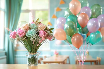 Blackboard with handwritten welcome message and balloons, school event, festive classroom atmosphere