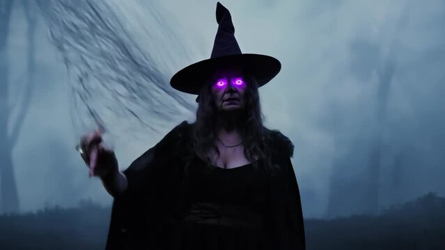 Mystic witch with glowing eyes in enchanted foggy forest