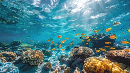 Obraz premium Underwater Oasis: Stunning Coral Reef with Tropical Fish in Crystal-Clear Waters