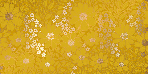 Bronze Metallic Foiled Contour Flowers and Leaves on Golden Yellow Background. Luxurious Art Deco Wallpaper Design for Print, Poster, Cover, Banner, Invitation, Package, Beauty Products.