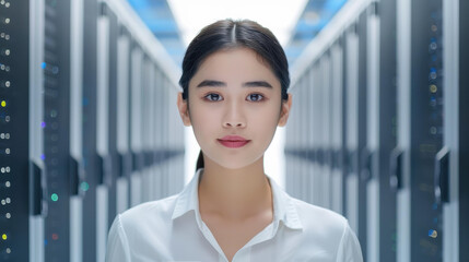 Asian woman portrait in server room, focusing on data center management and cybersecurity.