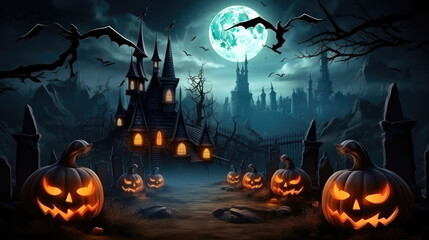 Halloween background with pumpkins, witch hat, bats and castle., generative ai