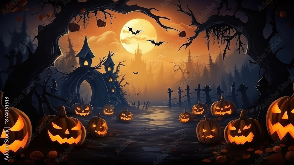 Sticker halloween background with pumpkins and bats. horizontal banner., generative ai