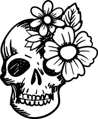Skull and flowers hand drawn illustration. Floral skull vector