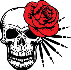 Skull and rose hand drawn illustration. Floral skull vector