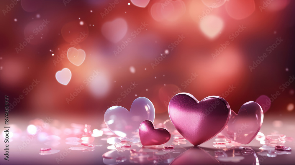 Poster valentine's day background with glass hearts and bokeh., generative ai