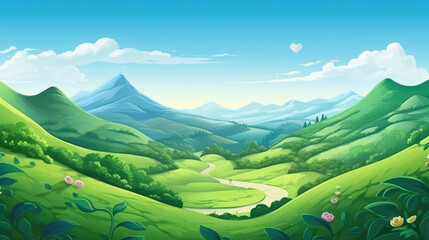Heart shaped landscape with green mountain and blue sky background, Love concept., generative ai