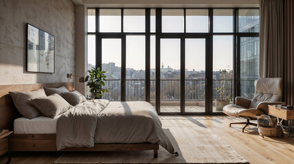 an interior bedroom of a modern minimalist apartment