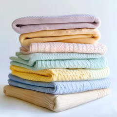 Some neatly folded sweaters pastel colors, pure white background. Realistic image, clothing, knitwear. Cashmere knitwear