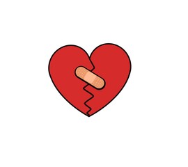 Red Broken heart with bandage illustration sad single color