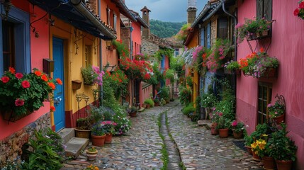 Fototapeta premium Enchanting European Village Scene with Cobblestone Streets, Historic Buildings, and Colorful Flower Boxes