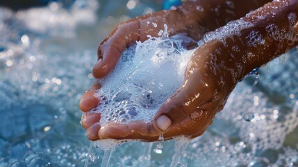 Fototapeta premium A person's hand is rubbing soap under running water. Focus on hands covered in rich foam. Emphasis on cleanliness and hygiene Flowing water adds a dynamic element. Capture movement and feel fresh.