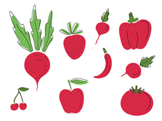 Beautiful collection of red fruits and vegetables: beet strawberry pepper, cherry, apple, tomato, radish on white background. Hand drawn vector sketch illustration in doodle sticker flat style