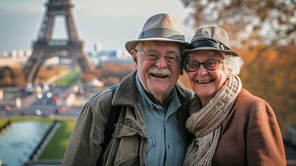 Fototapeta premium an elderly couple takes a selfie in front of the Eiffel Tower. selective focus. Generative AI,
