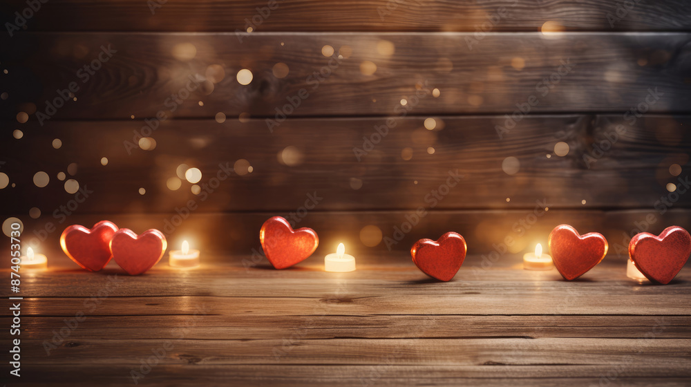 Wall mural valentines day background with heart shaped lights and candles on wooden table., generative ai