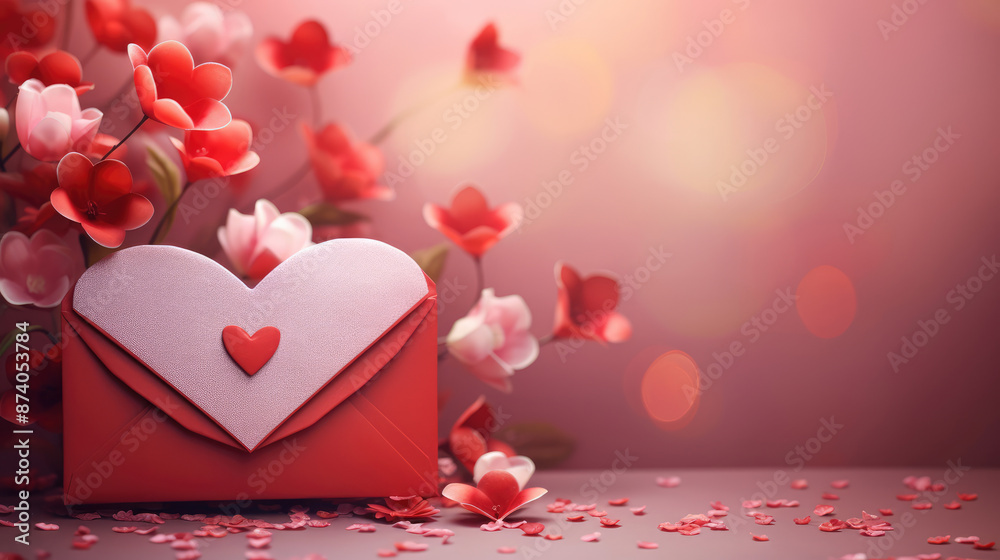 Wall mural valentine's day concept - red envelope with heart and flowers., generative ai