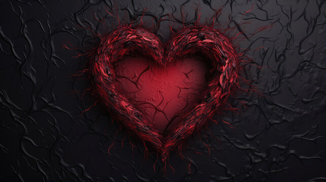 Beautiful red heart on a dark background. Valentines day card., generative ai
