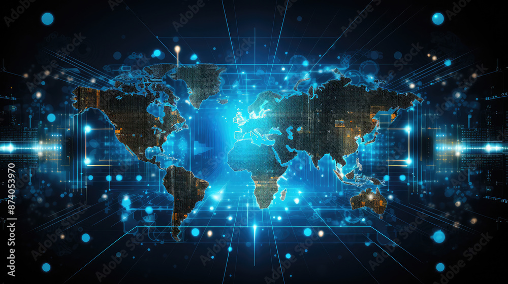 Wall mural abstract digital technology background with world map., generative ai