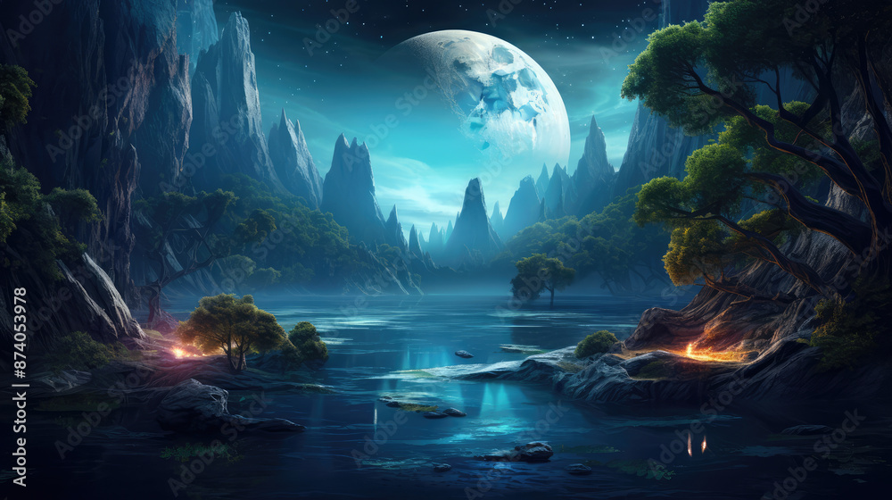 Wall mural fantasy landscape with river and forest in the form of a planet., generative ai