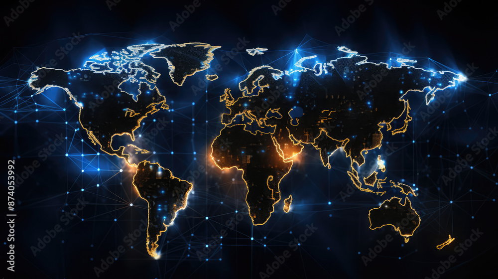 Wall mural abstract digital world map on black background. technology concept. 3d., generative ai
