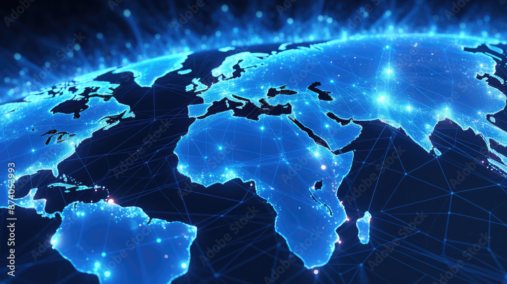 Wall mural global network connection on blue background. 3d., generative ai