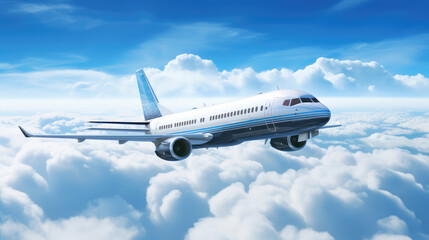 Commercial airplane flying above clouds with blue sky., generative ai